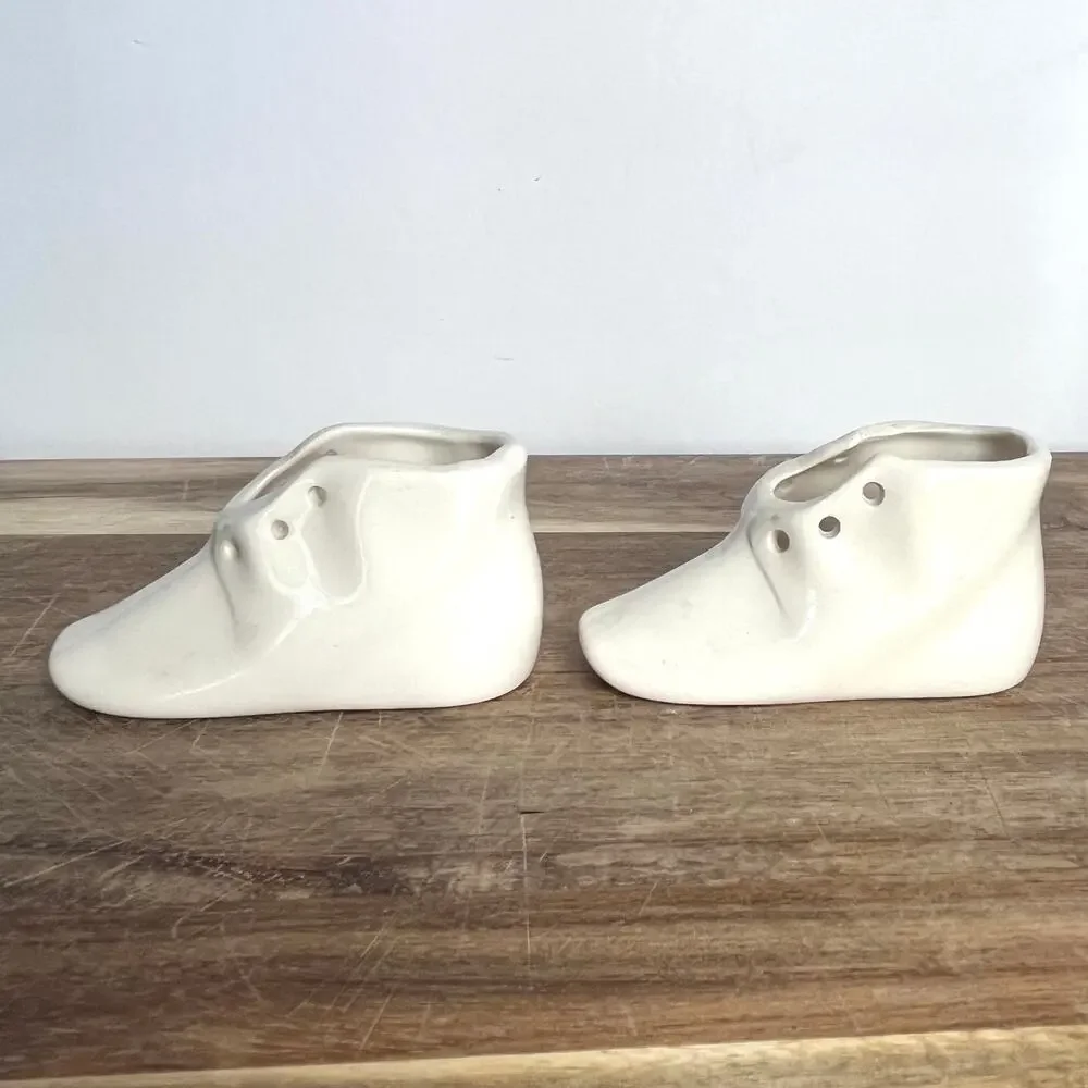 Pair of Vintage Ceramic Baby Shoes Bootie Planter Nursery Decor Creamy White